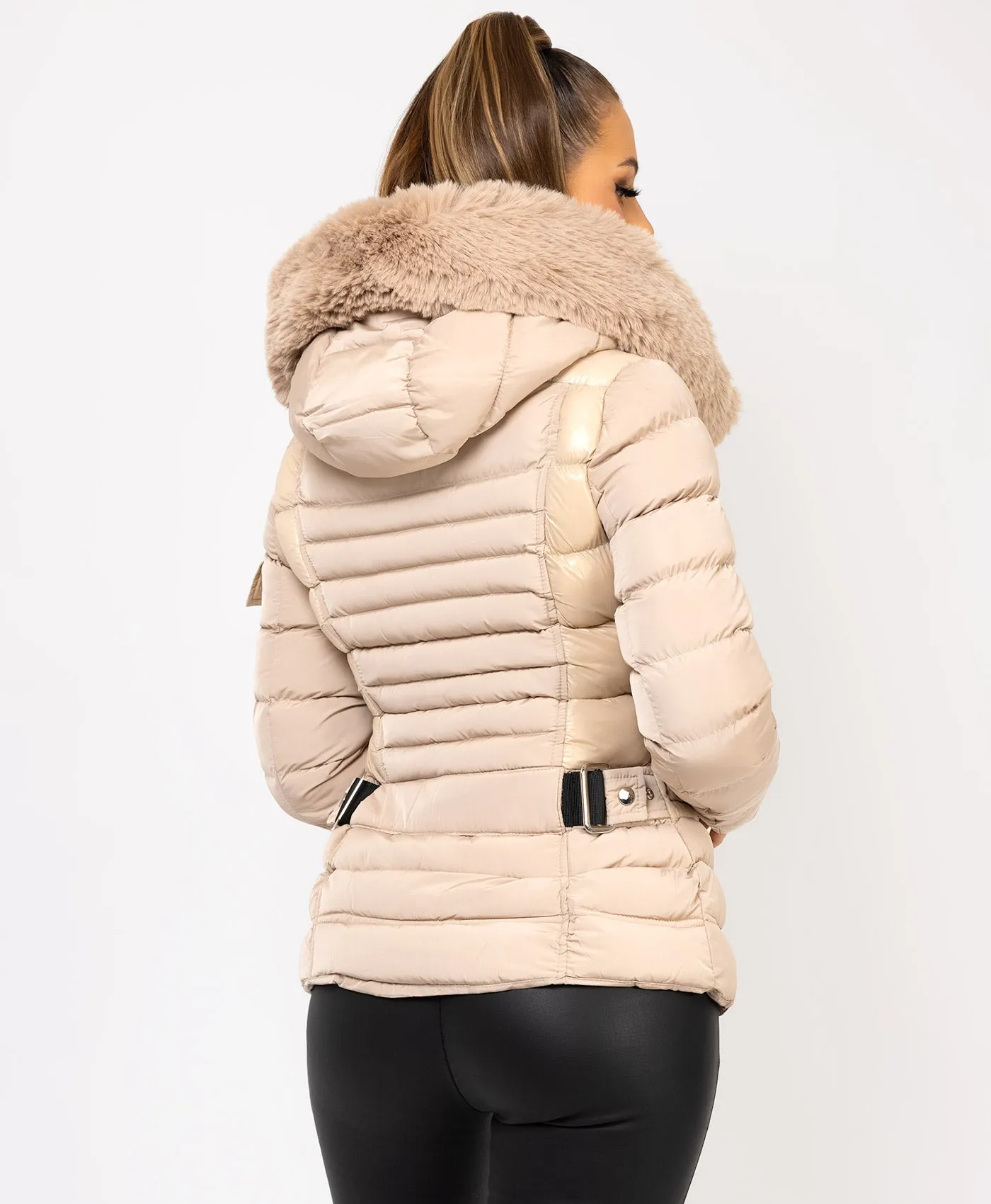 Beige Padded Quilted Faux Fur Hood Puffer Jacket Coat