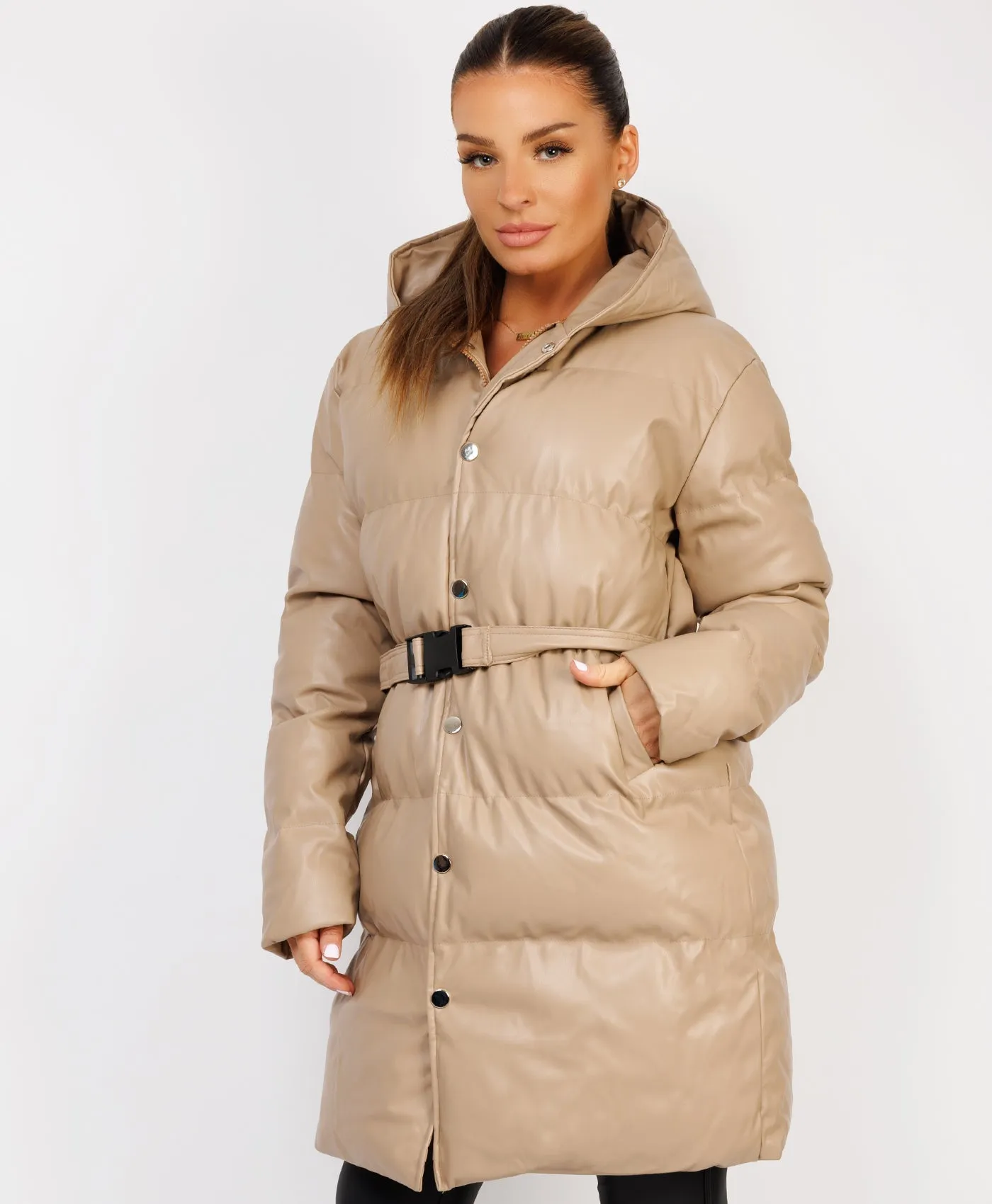 Beige Vegan Leather Padded Belted Puffer Trench Coat