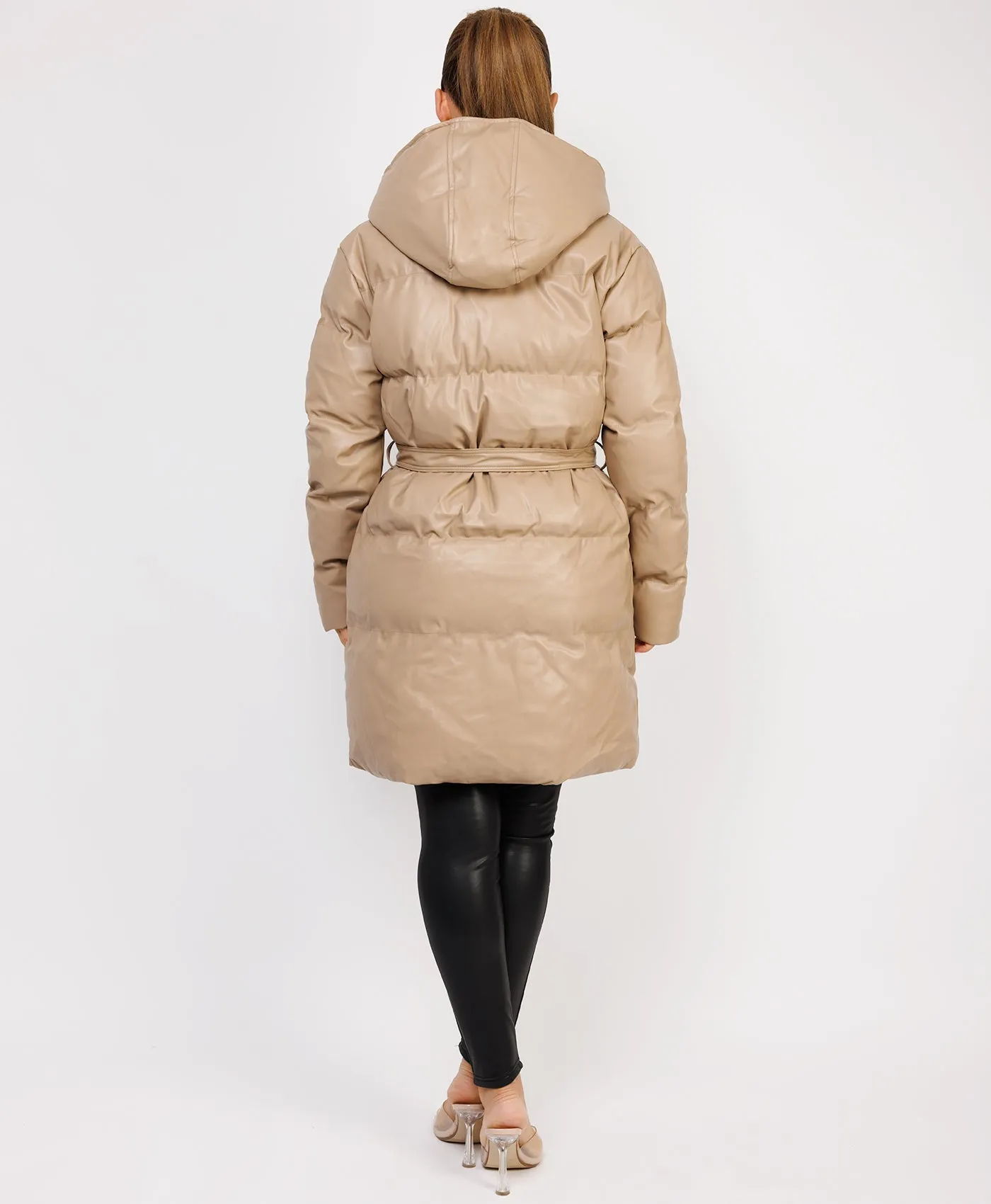 Beige Vegan Leather Padded Belted Puffer Trench Coat