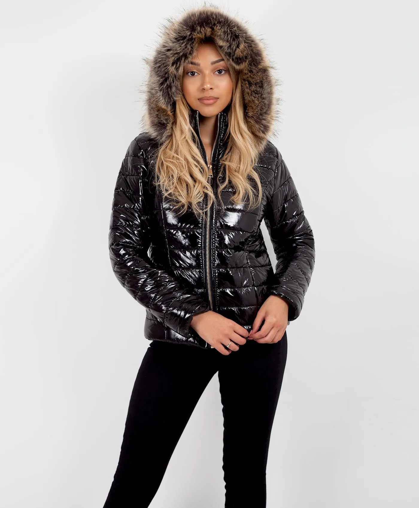 Black Faux Fur Hood Shiny Wet Look Quilted Puffer Jacket