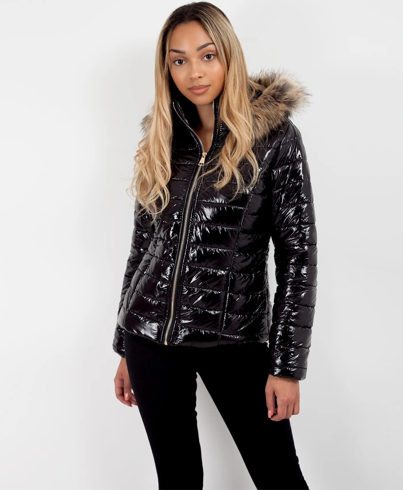 Black Faux Fur Hood Shiny Wet Look Quilted Puffer Jacket