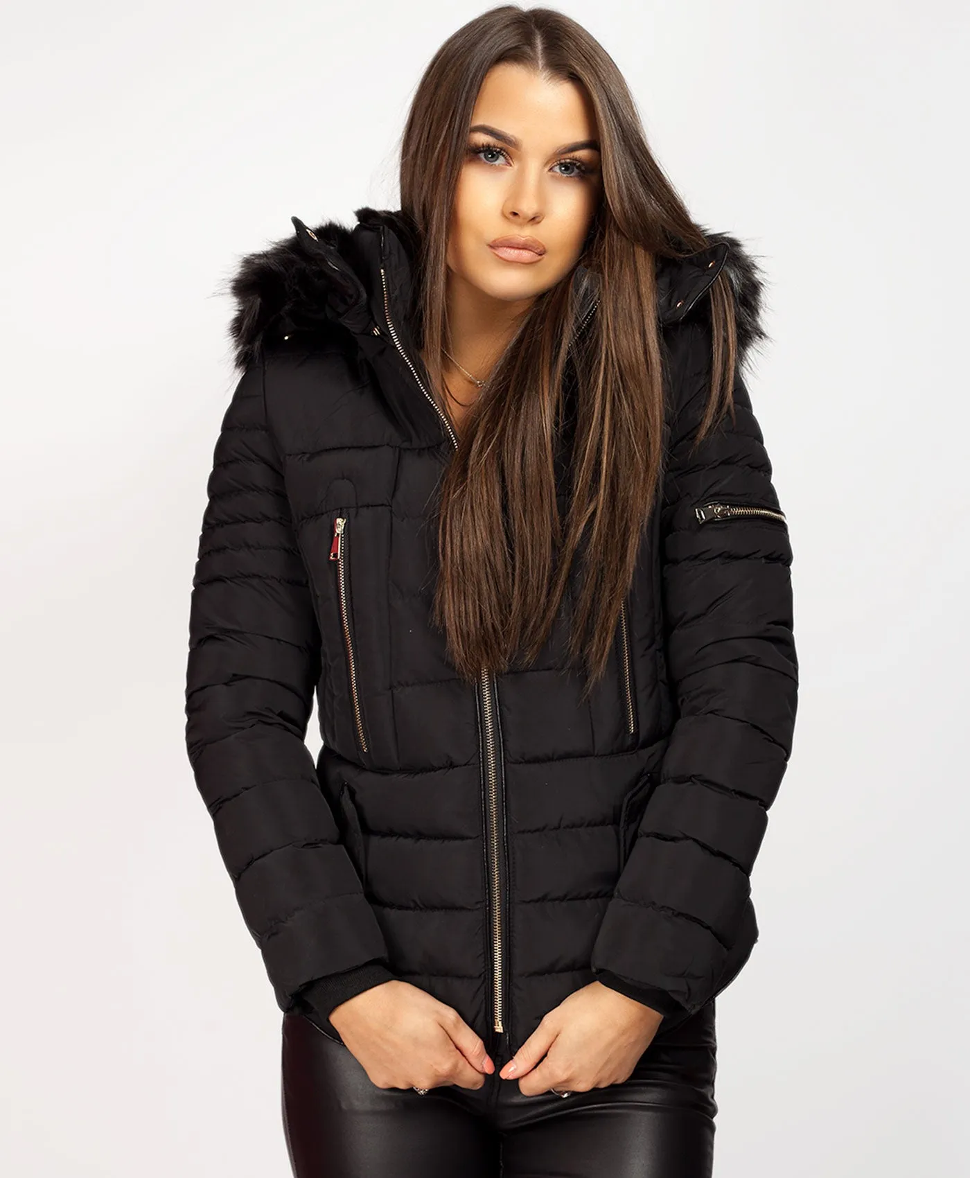 Black Faux Fur Hooded Double Zip Padded Puffer Jacket