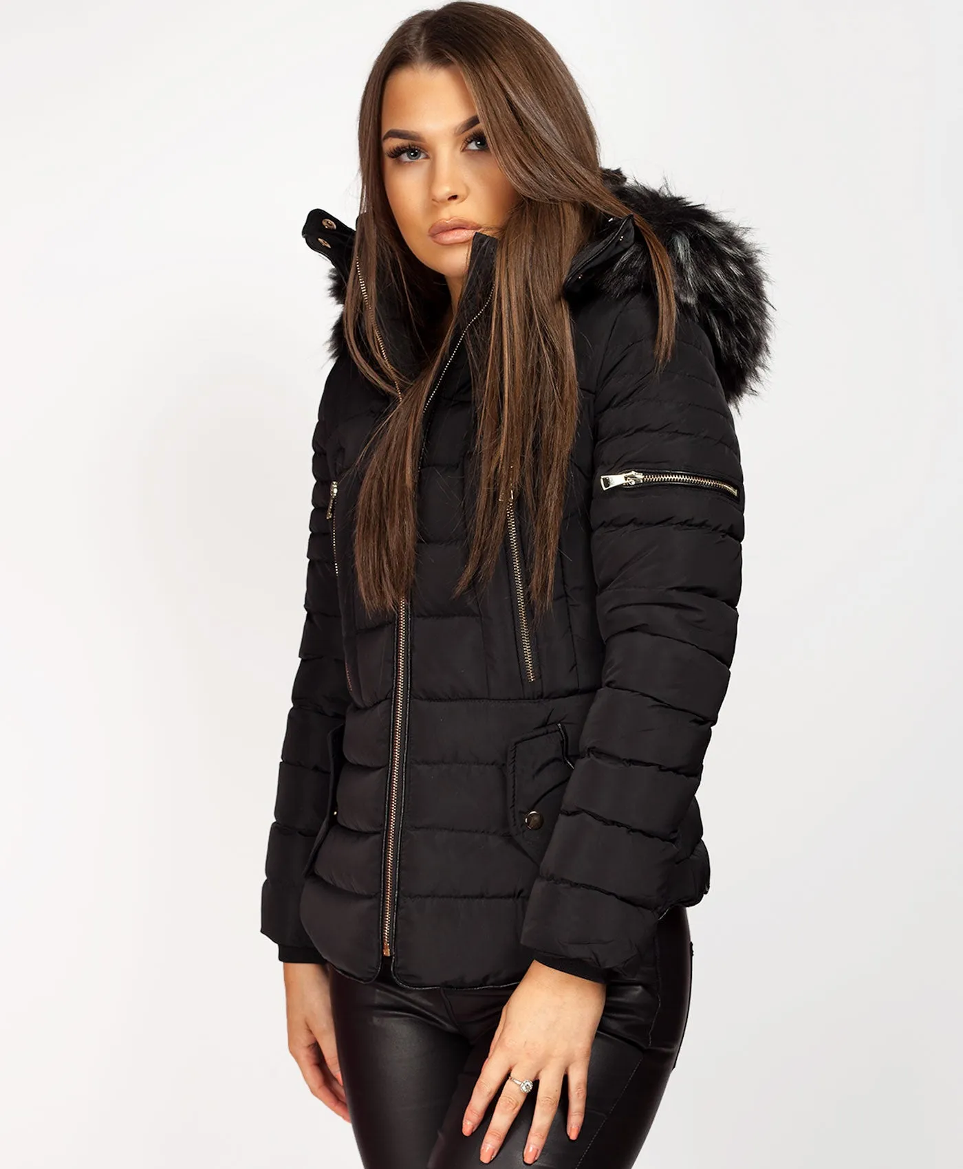 Black Faux Fur Hooded Double Zip Padded Puffer Jacket