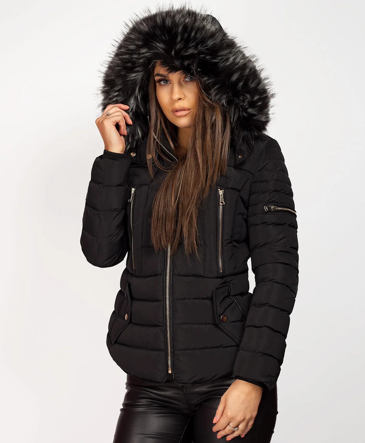 Black Faux Fur Hooded Double Zip Padded Puffer Jacket