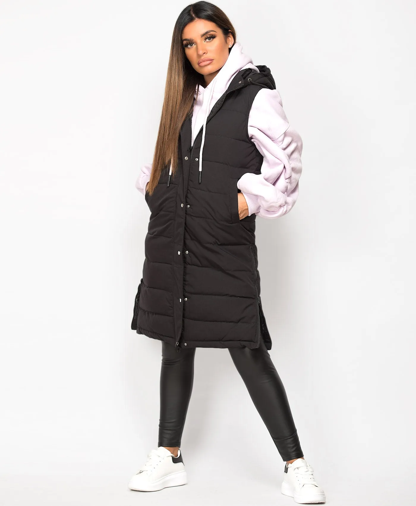 Black Hooded Side Split Quilted Puffer Long Gilet Bodywarmer