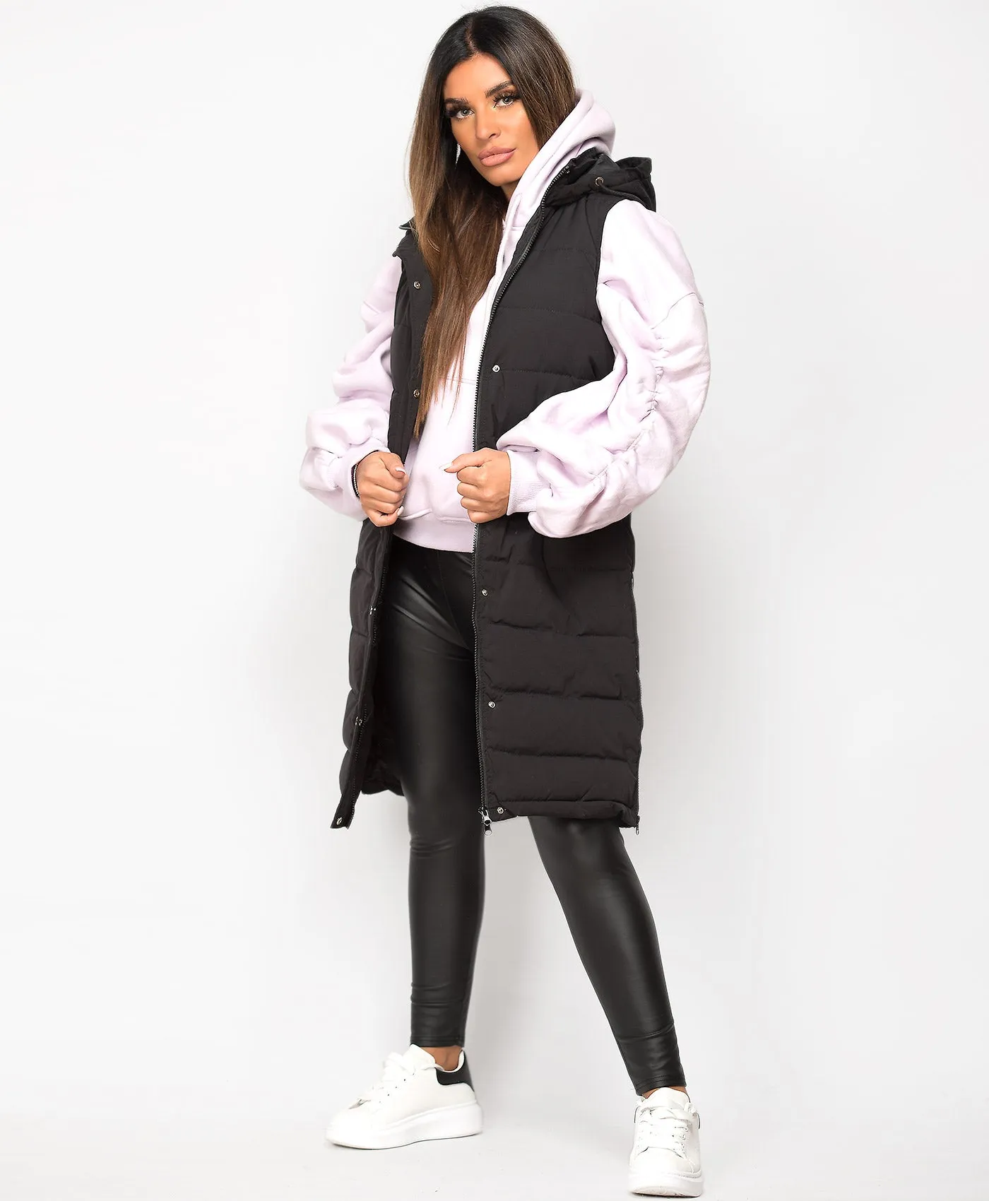 Black Hooded Side Split Quilted Puffer Long Gilet Bodywarmer