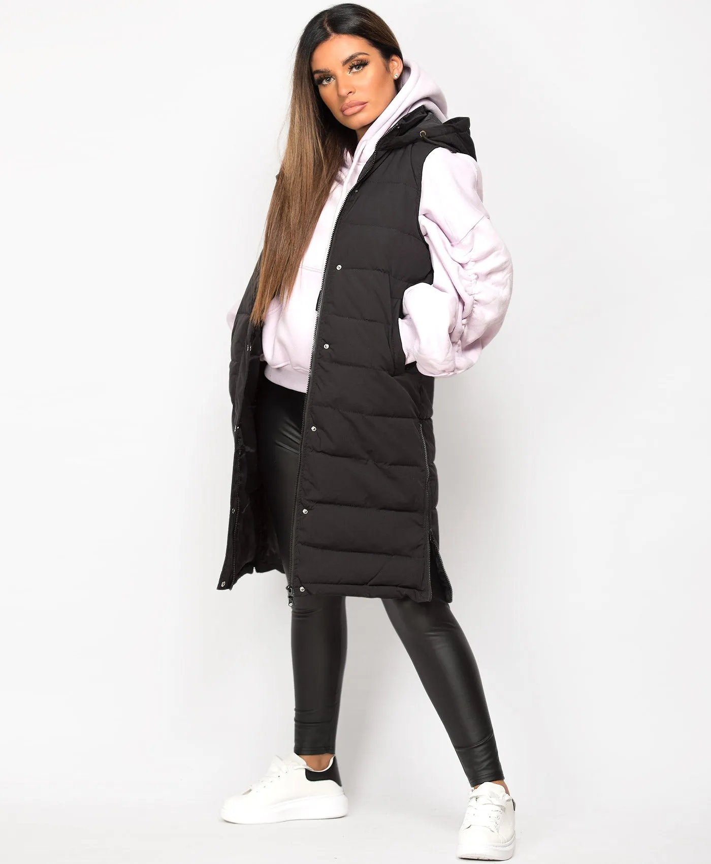 Black Hooded Side Split Quilted Puffer Long Gilet Bodywarmer