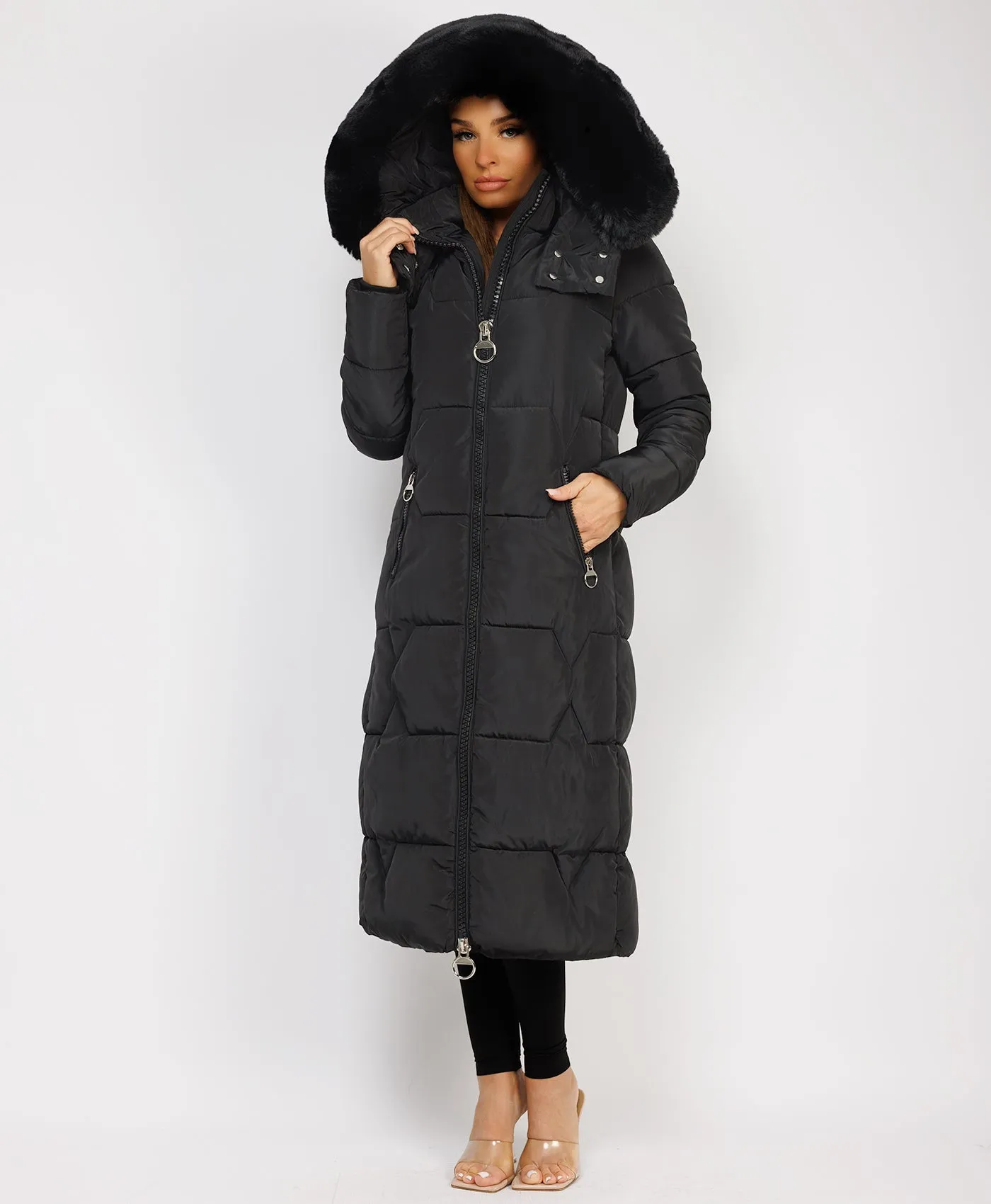 Black Long Padded Puffer Winter Trench Coat Jacket With Faux Fur Hood