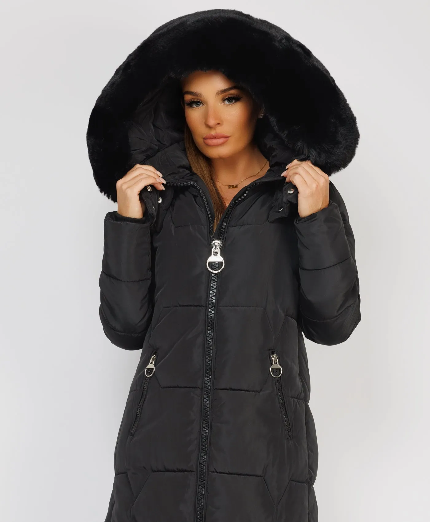 Black Long Padded Puffer Winter Trench Coat Jacket With Faux Fur Hood