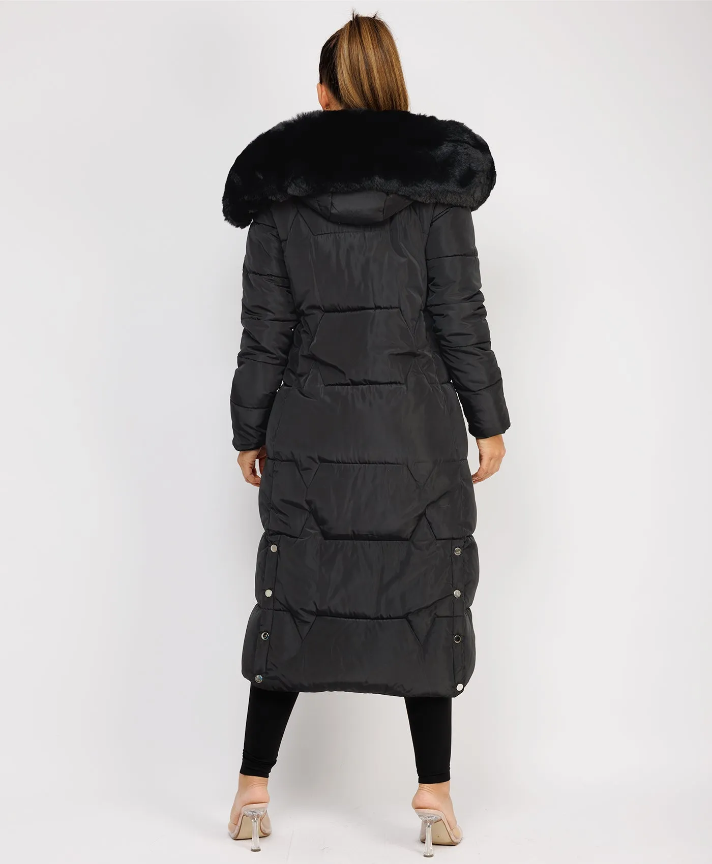 Black Long Padded Puffer Winter Trench Coat Jacket With Faux Fur Hood