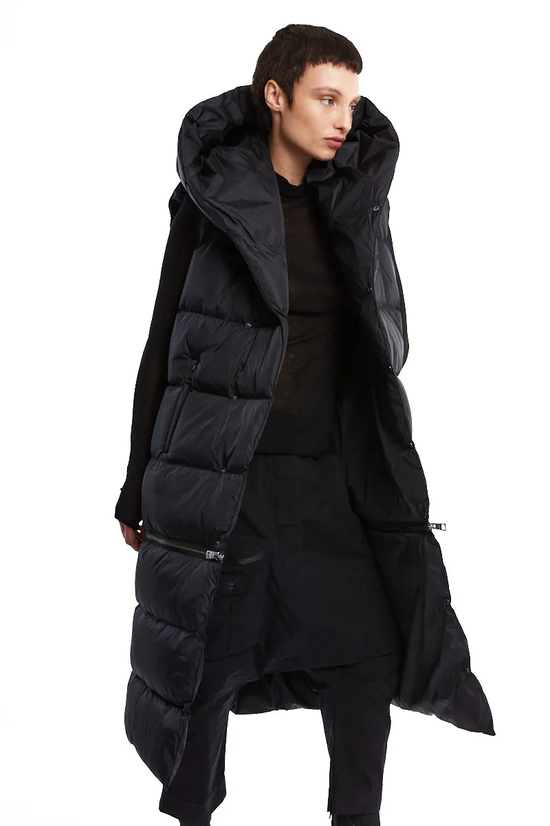 BLACK LONG SLEEVELESS PADDED DOWN JACKET