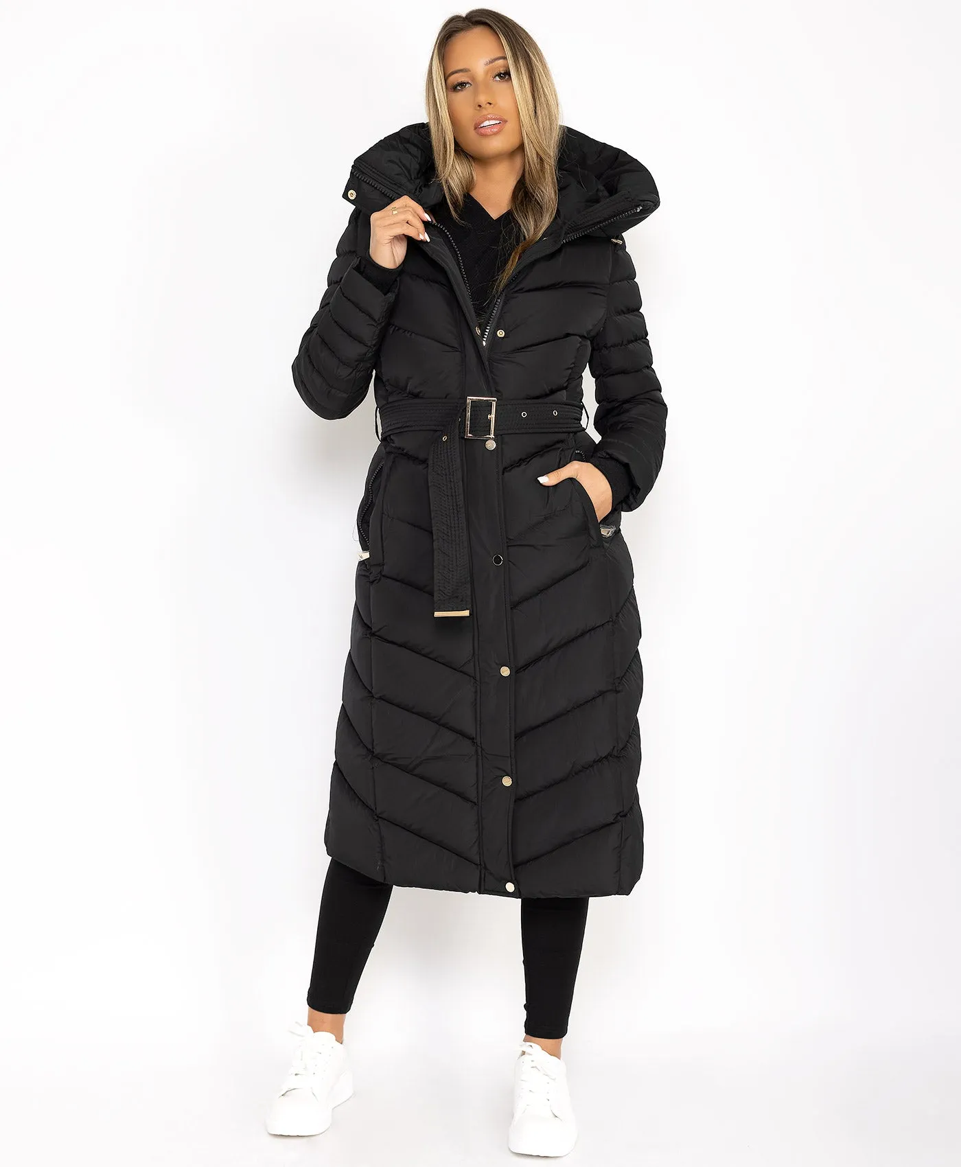 Black Longline Padded Full Length Belted Puffer Coat Jacket