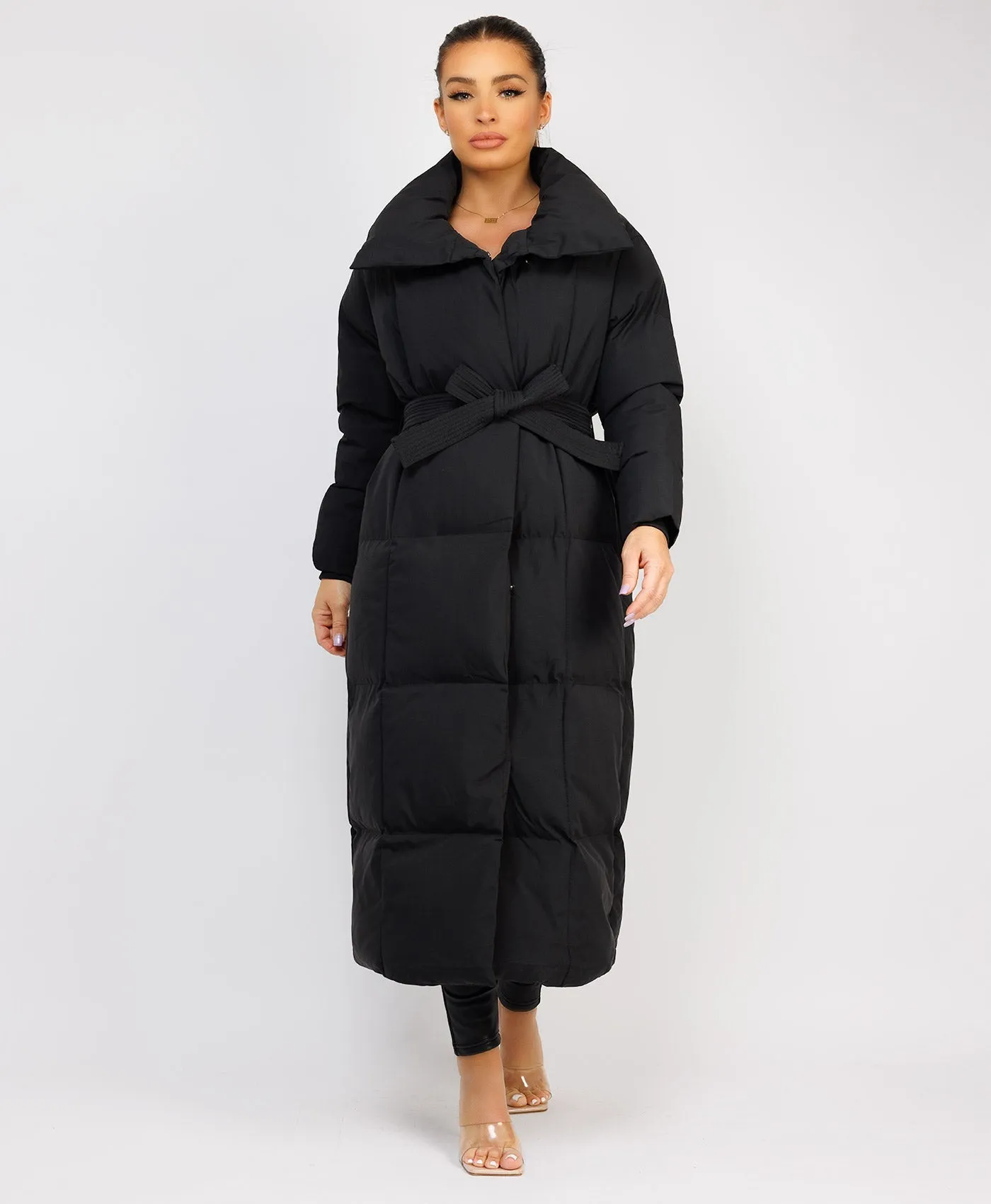 Black Longline Padded Puffer Tied Waist Duvet Coat