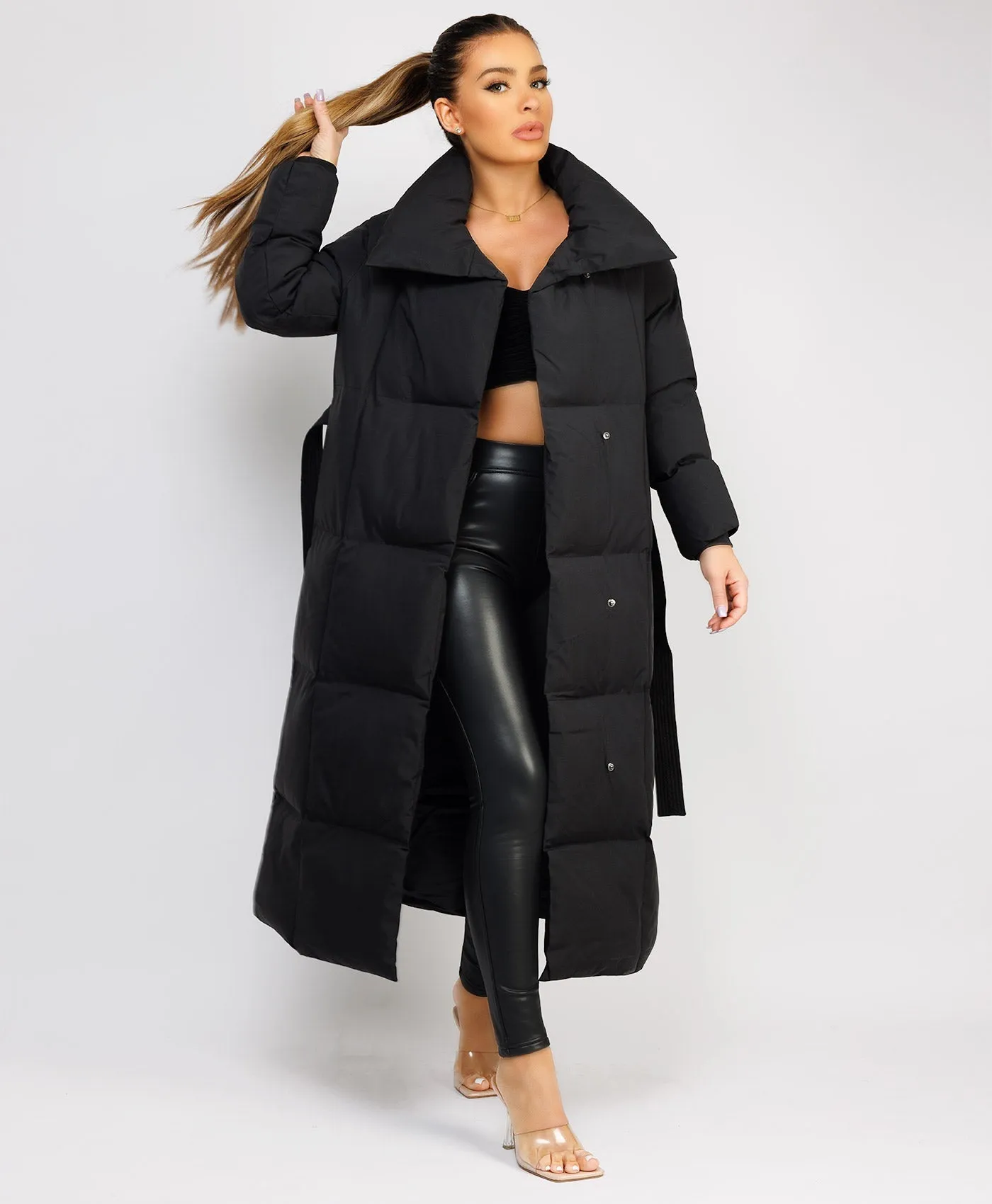 Black Longline Padded Puffer Tied Waist Duvet Coat