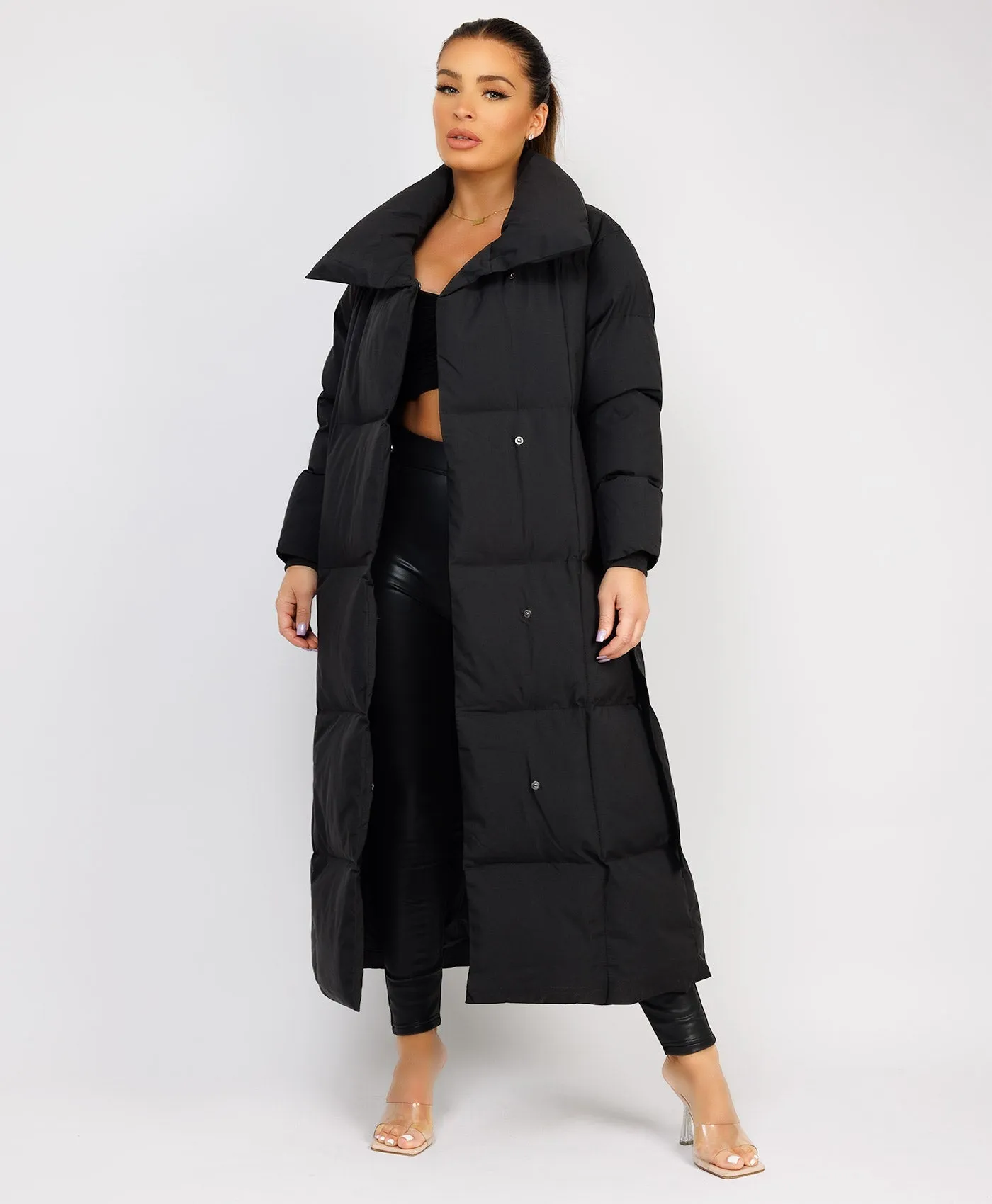 Black Longline Padded Puffer Tied Waist Duvet Coat