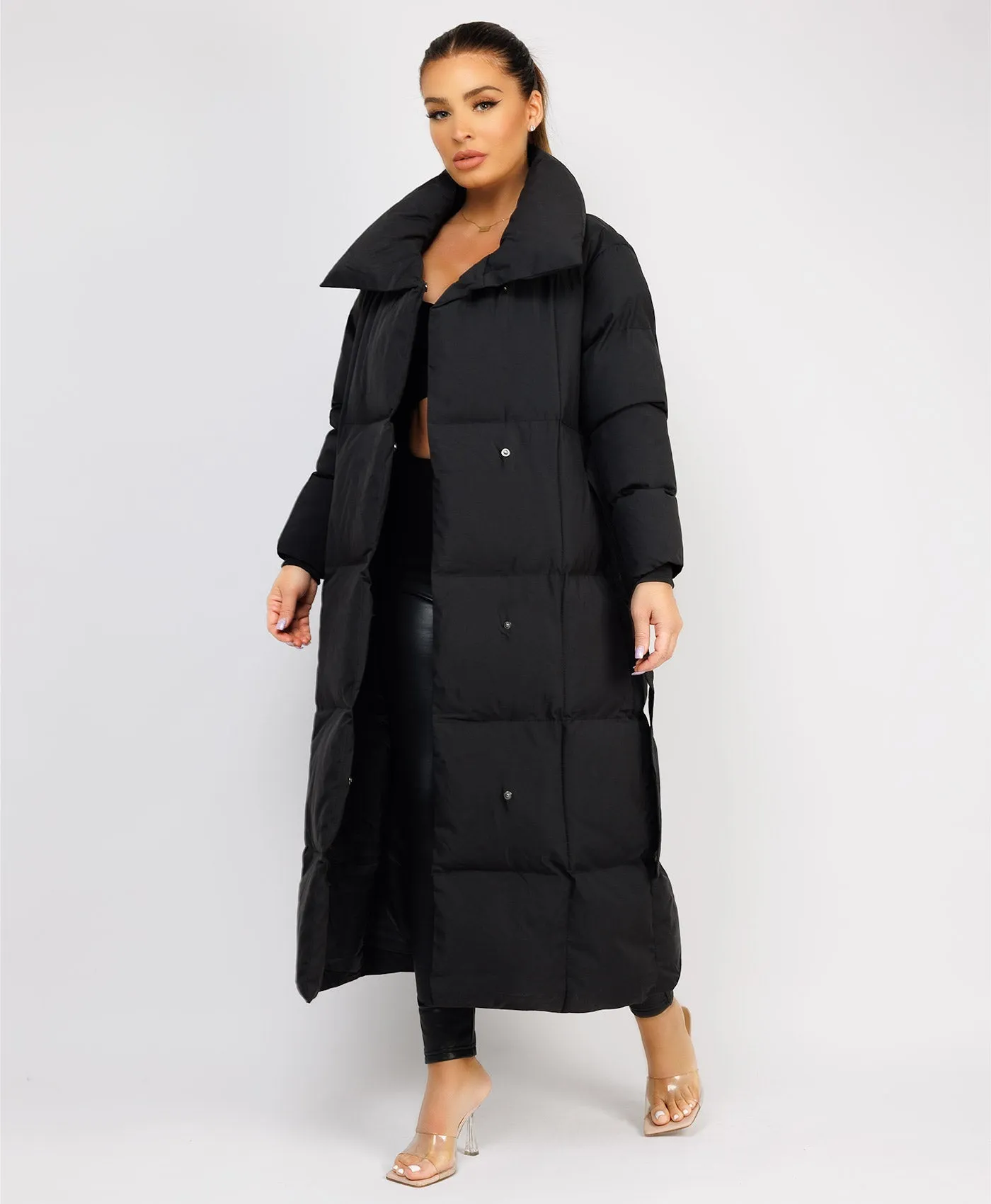 Black Longline Padded Puffer Tied Waist Duvet Coat