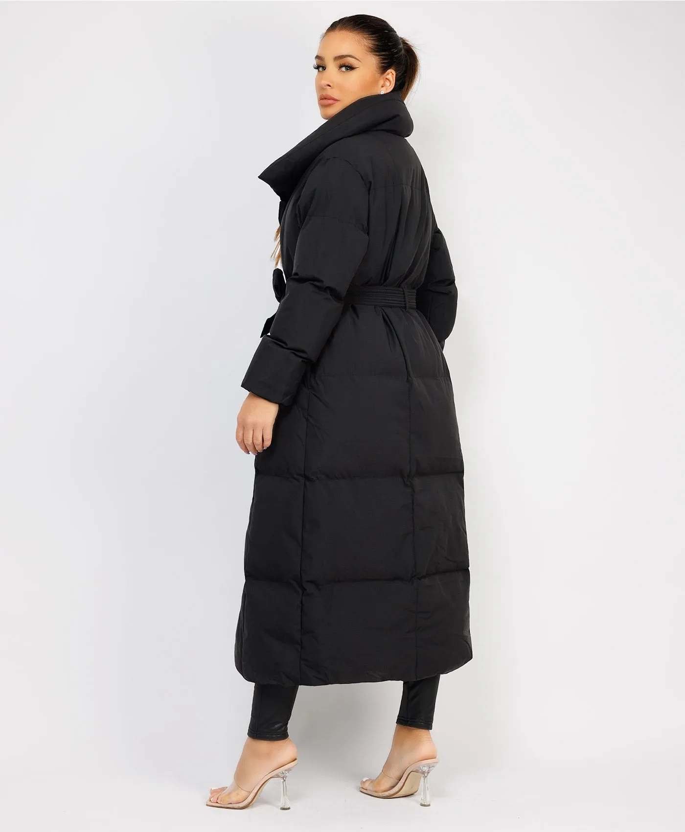 Black Longline Padded Puffer Tied Waist Duvet Coat