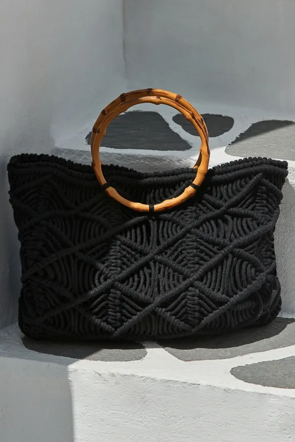 Black Macrame Bamboo Hoop Handle Tote Bag