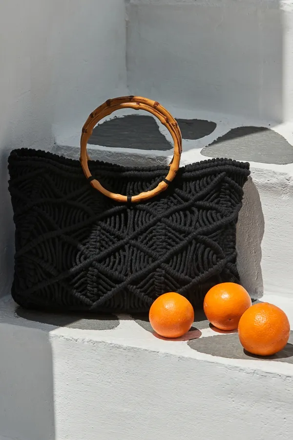 Black Macrame Bamboo Hoop Handle Tote Bag