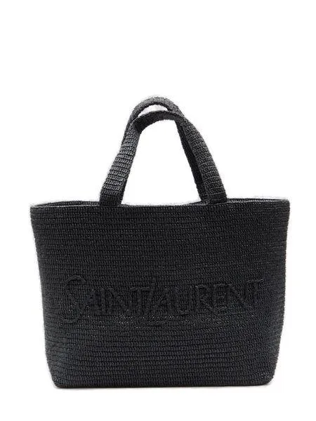 Black Rafia Tote Bag with Embroidered Saint Laurent Signature