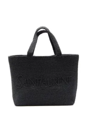 Black Rafia Tote Bag with Embroidered Saint Laurent Signature