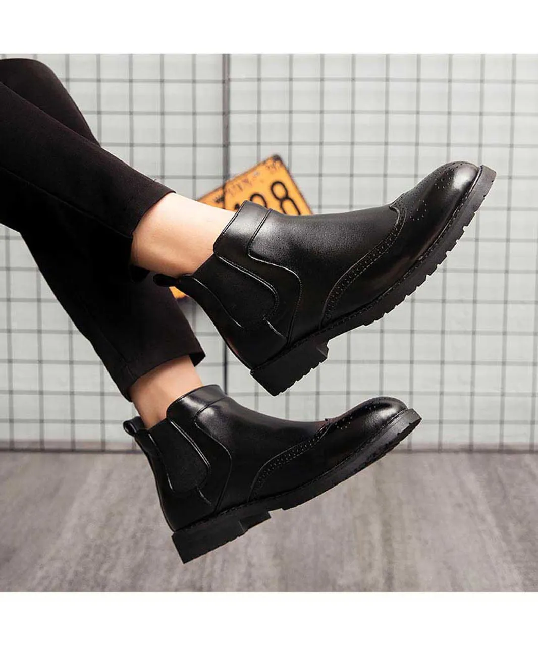 Black retro brogue slip on dress shoe boot 2039
