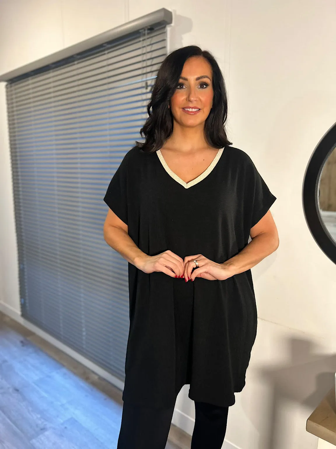 Black Shimmer V Neck Tunic Lucy