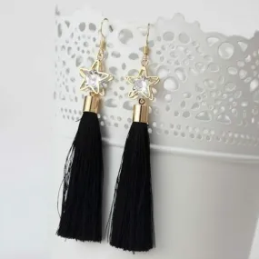 Black Tassel Earrings with Gold Star and Crystal