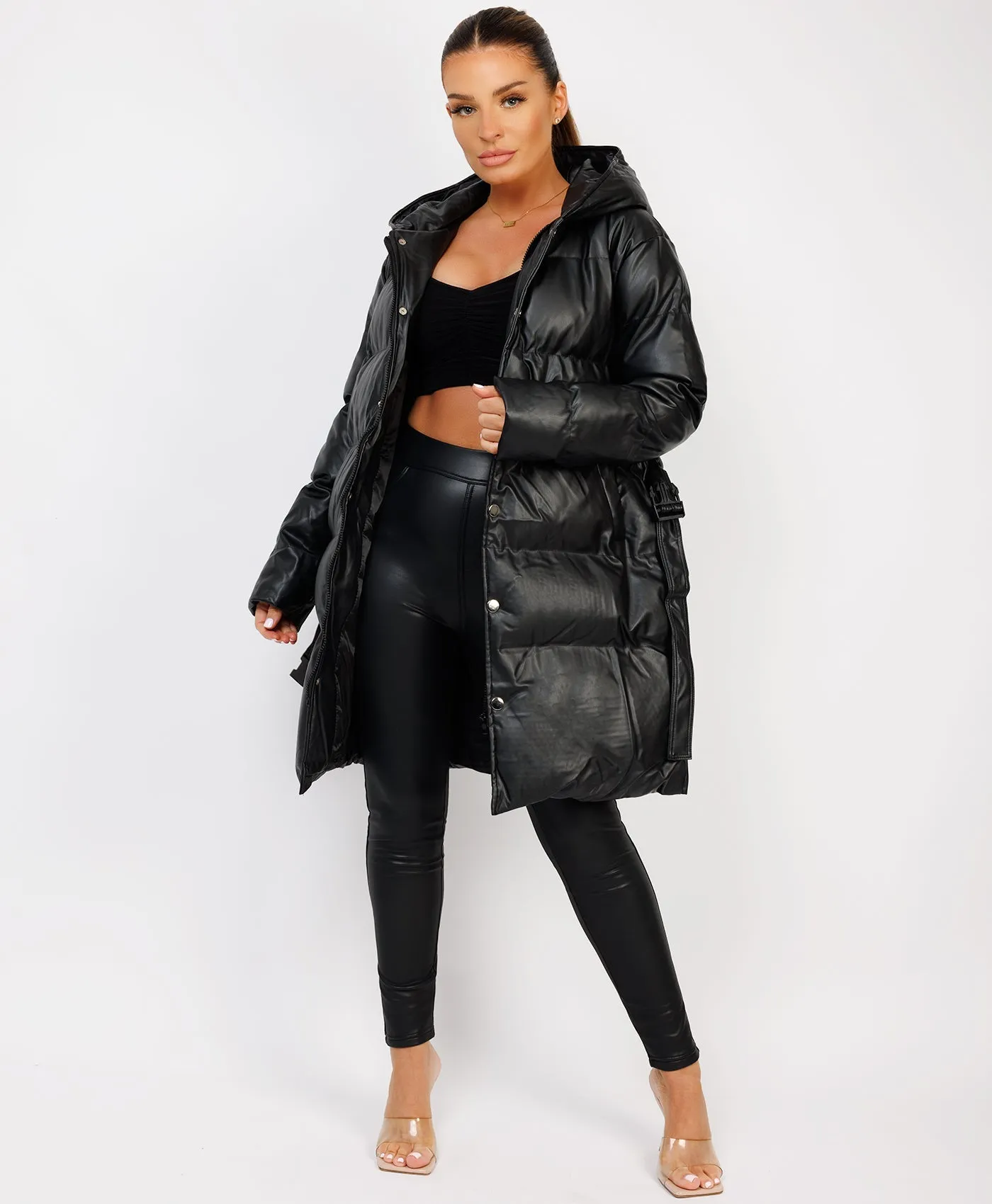 Black Vegan Leather Padded Belted Puffer Trench Coat