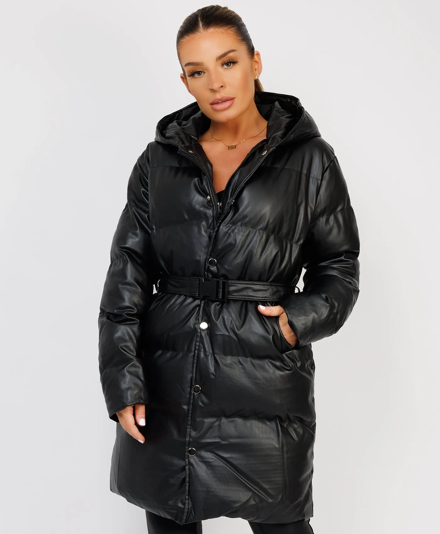 Black Vegan Leather Padded Belted Puffer Trench Coat