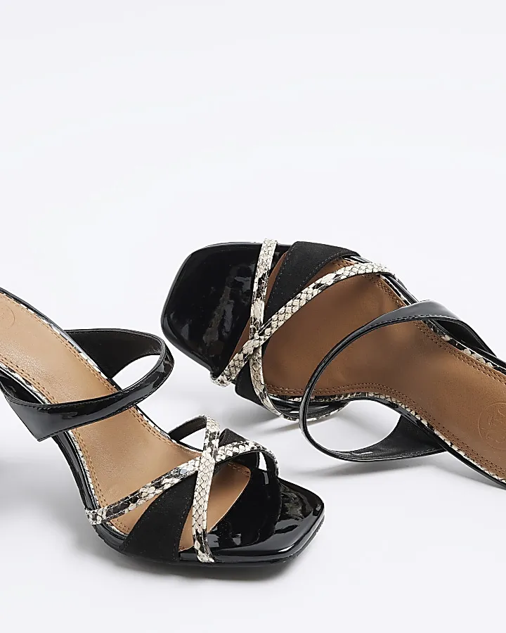 Black wide fit crossed heeled mule sandals