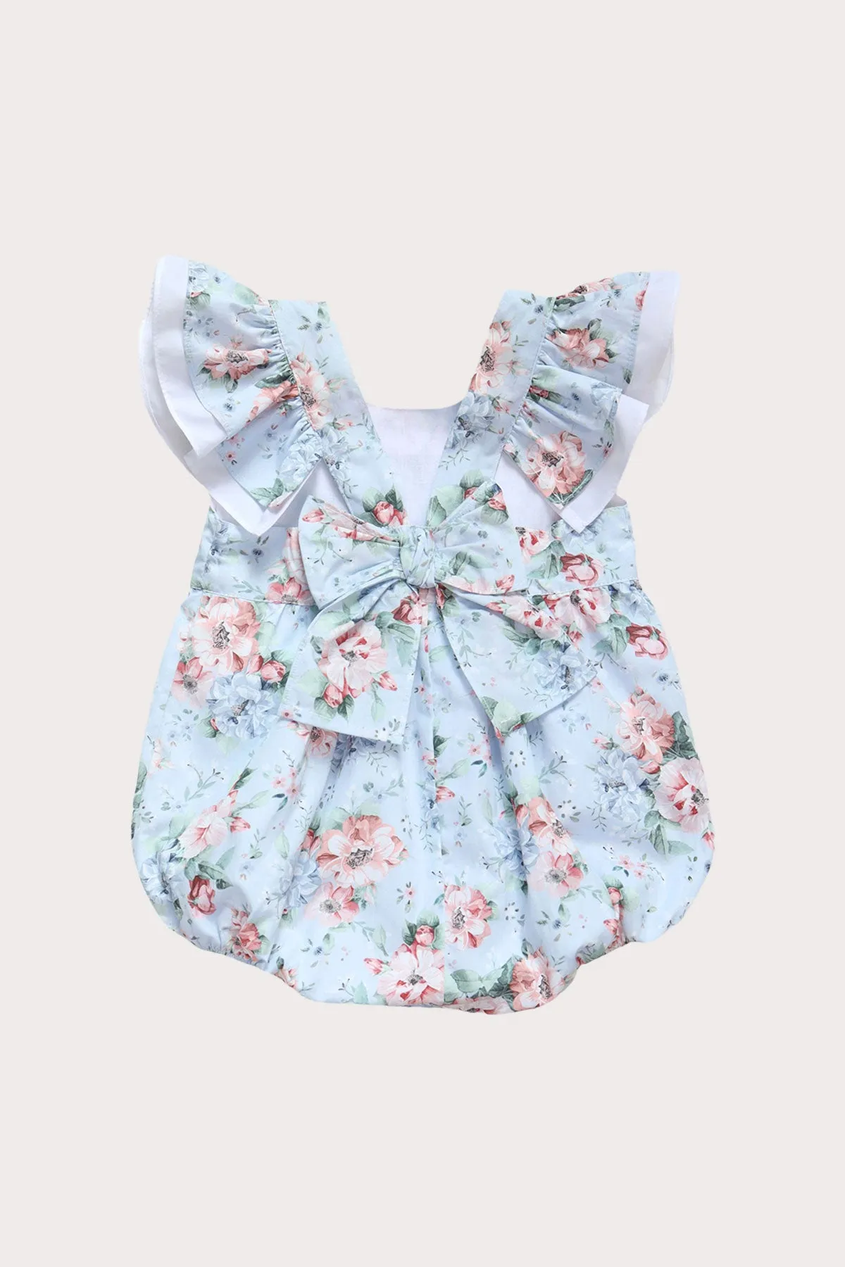 Blue Floral Flutter Shoulder Romper (3M, 6M)