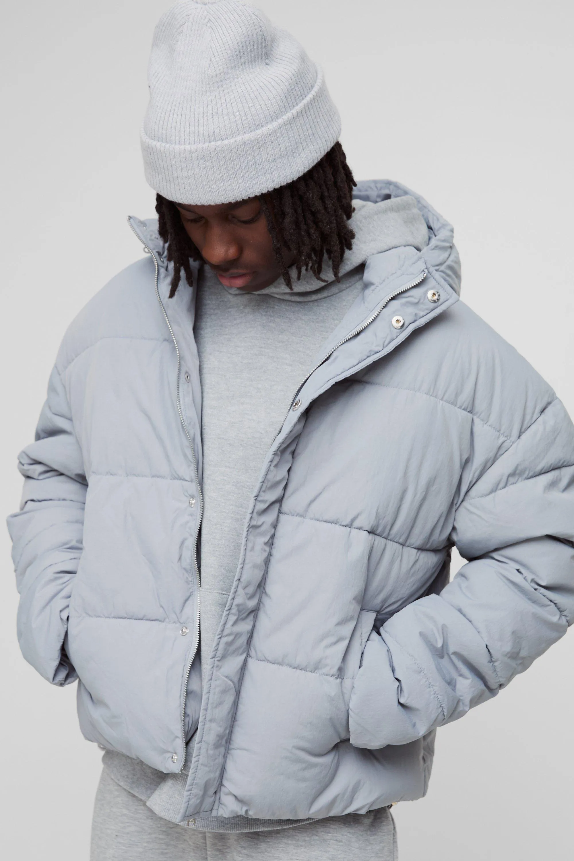 Boxy Crinkle Nylon Puffer In Light Grey