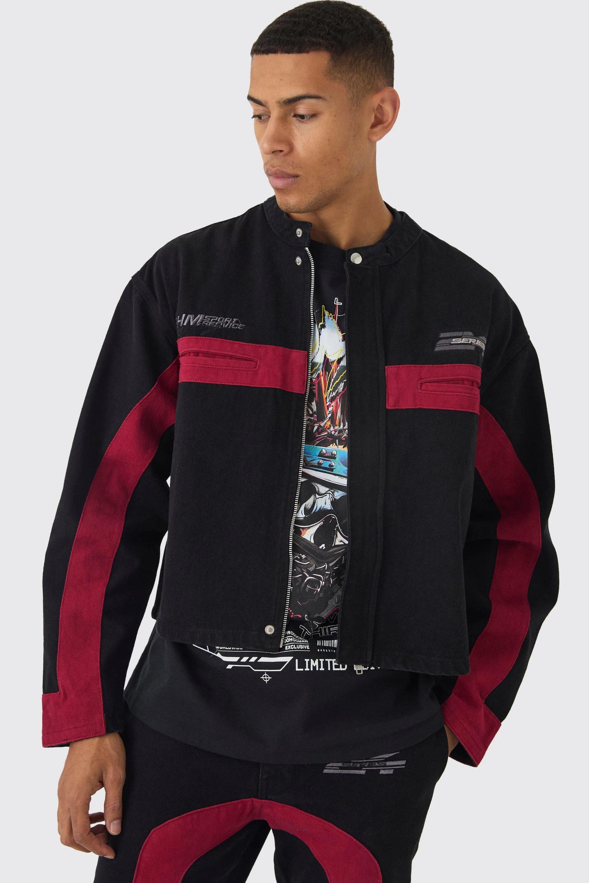 Boxy Denim Moto Embroidered Biker Jacket