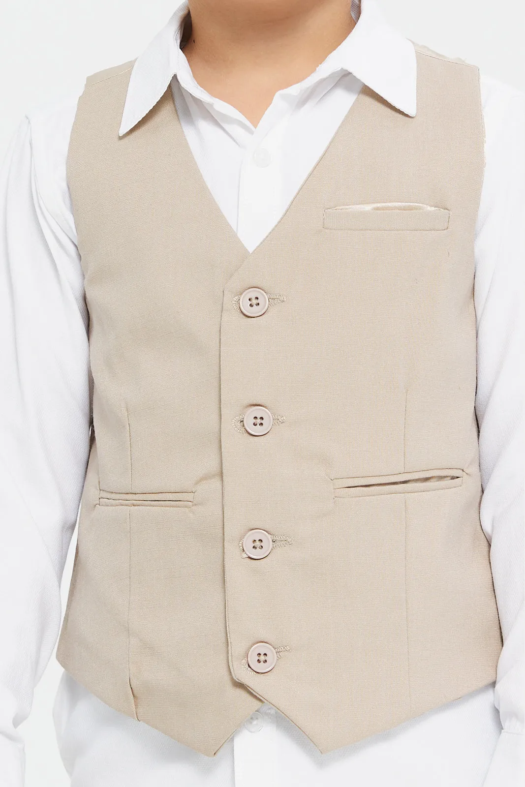 Boys Beige And White Vest And Shirt Set (2 Piece)