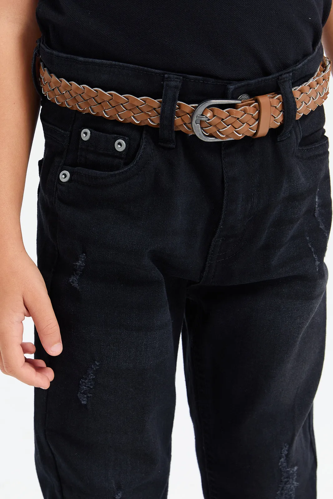 Boys Black Belted Ripped Jeans