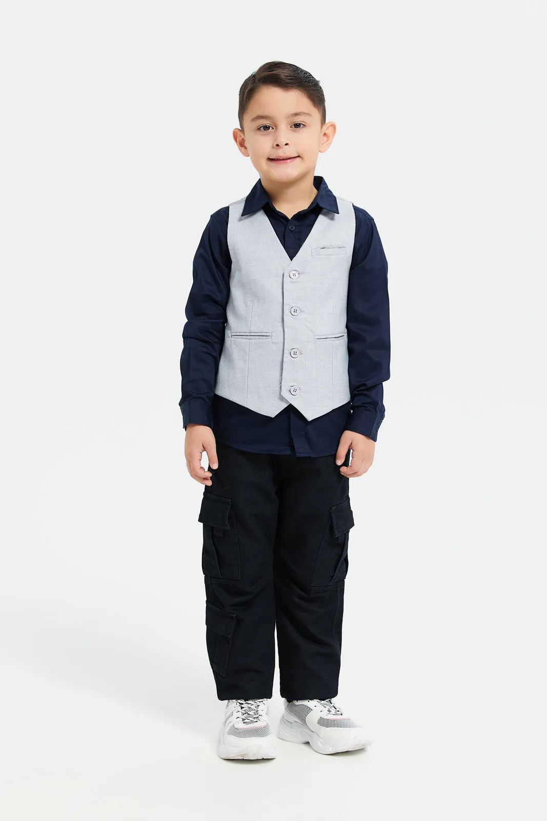 Boys Grey And Navy Vest And Shirt Set (2 Piece)