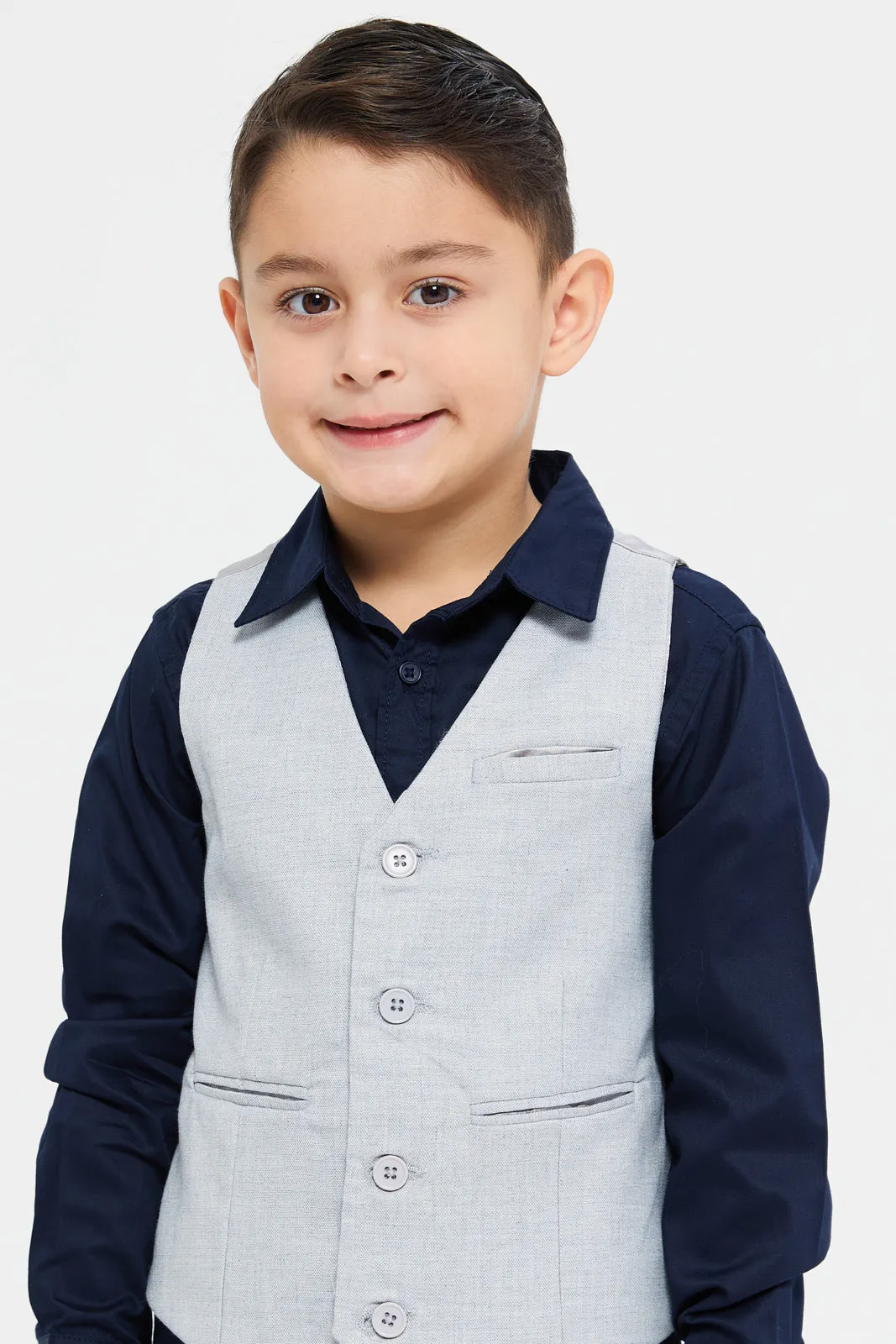 Boys Grey And Navy Vest And Shirt Set (2 Piece)