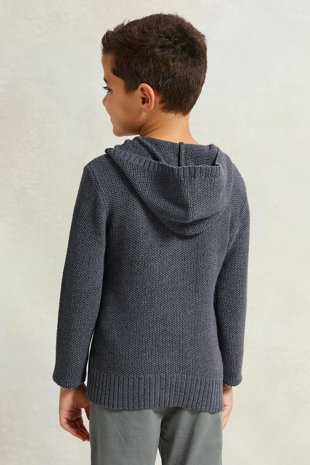 Boys Grey Solid Hooded Sweater