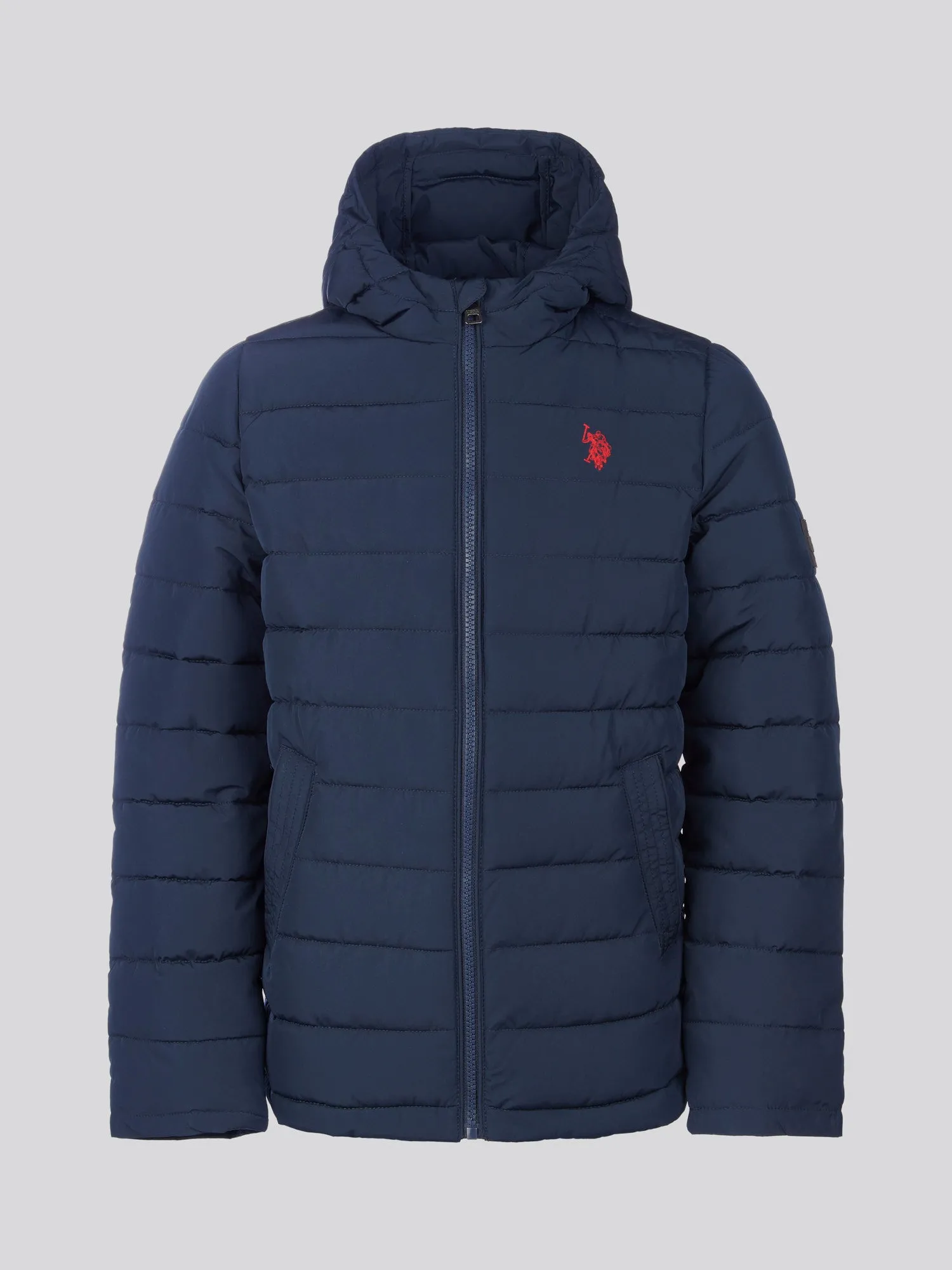 Boys Lightweight Quilt Hooded Puffer Jacket in Dark Sapphire Navy / Haute Red DHM