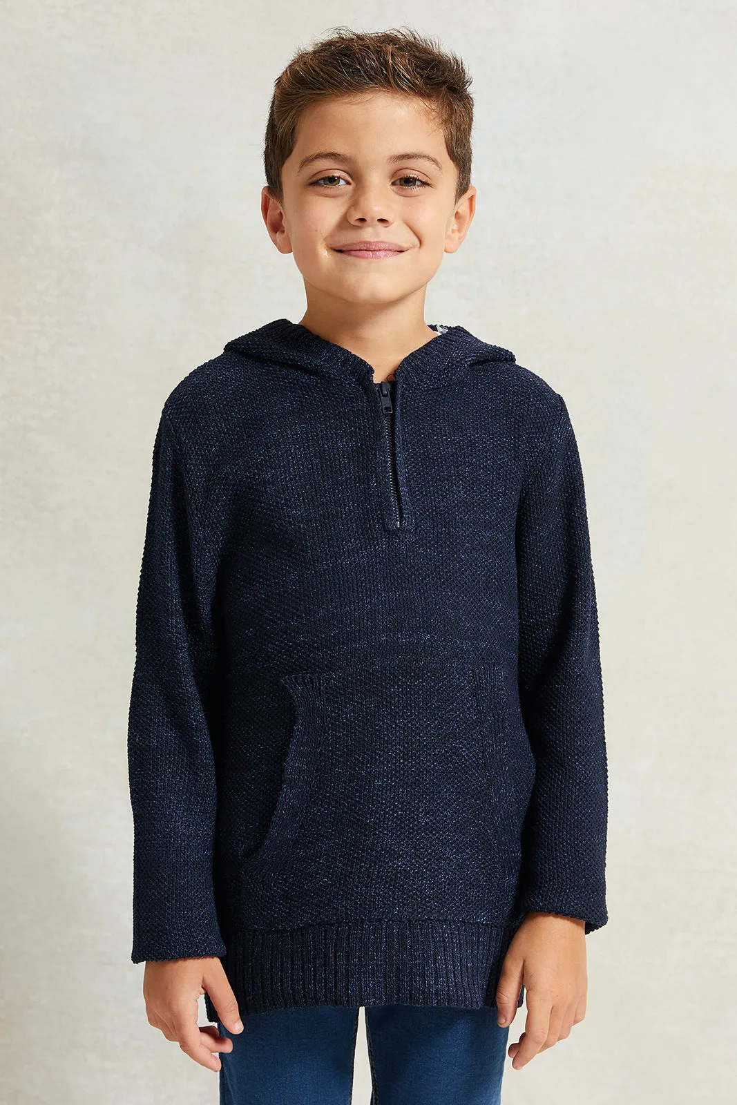 Boys Navy Solid Hooded Sweater