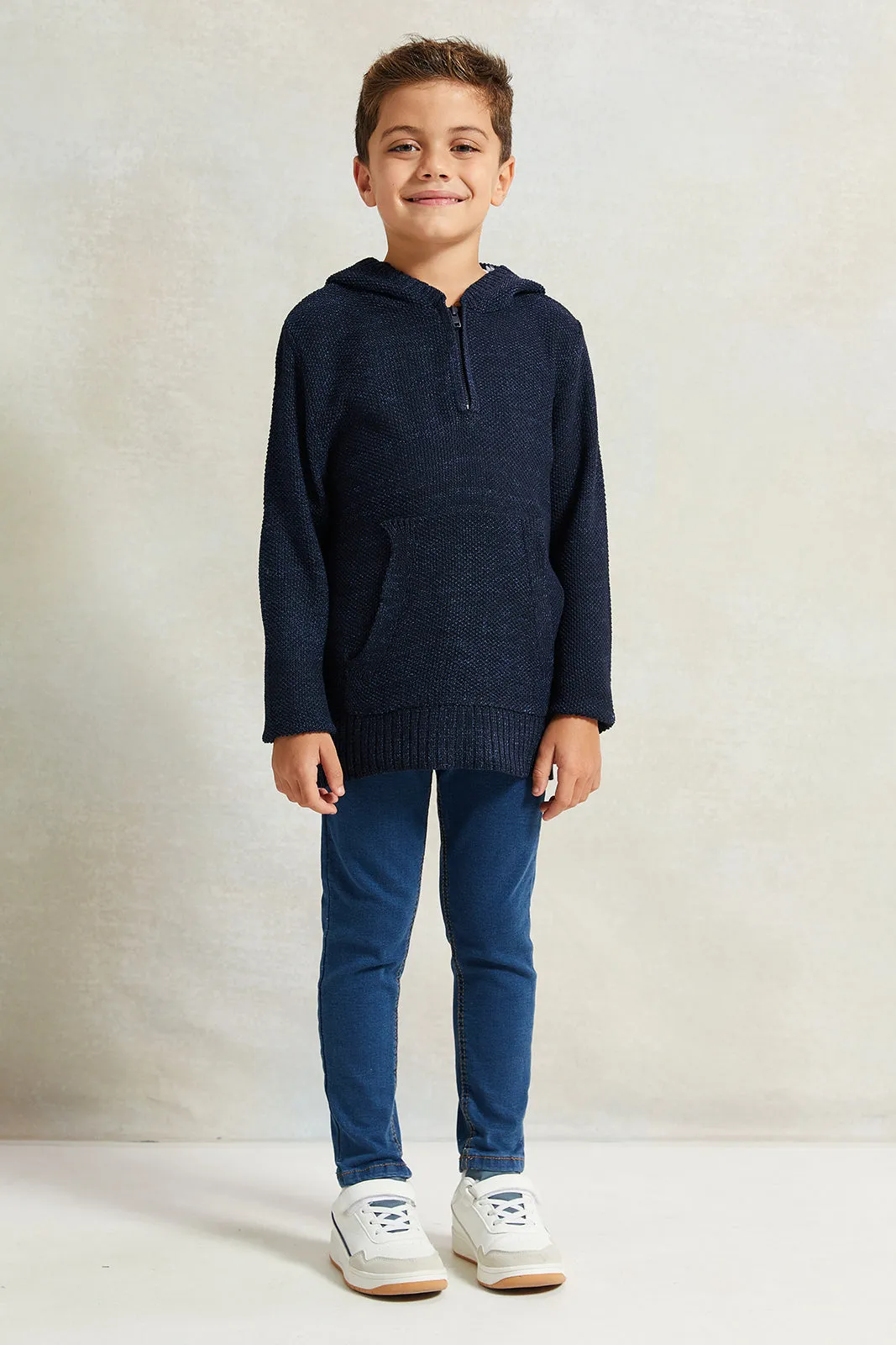 Boys Navy Solid Hooded Sweater