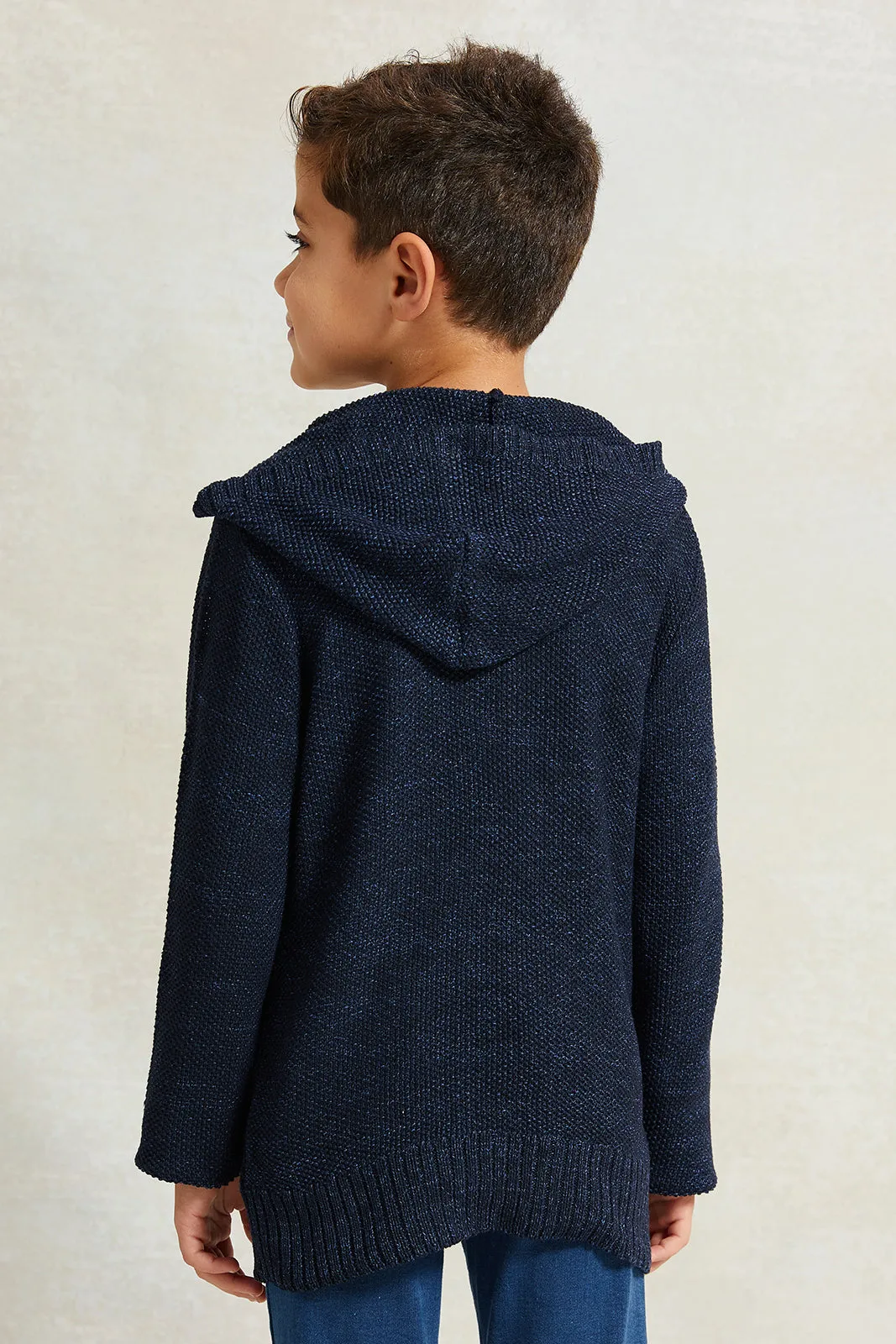 Boys Navy Solid Hooded Sweater