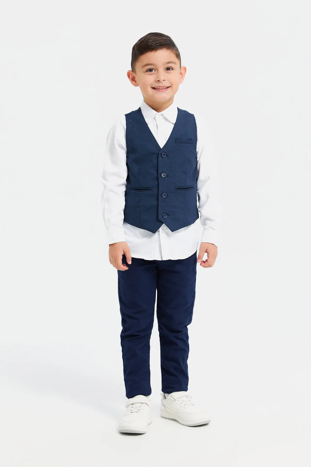 Boys White And Navy Vest And Shirt Set (2 Piece)