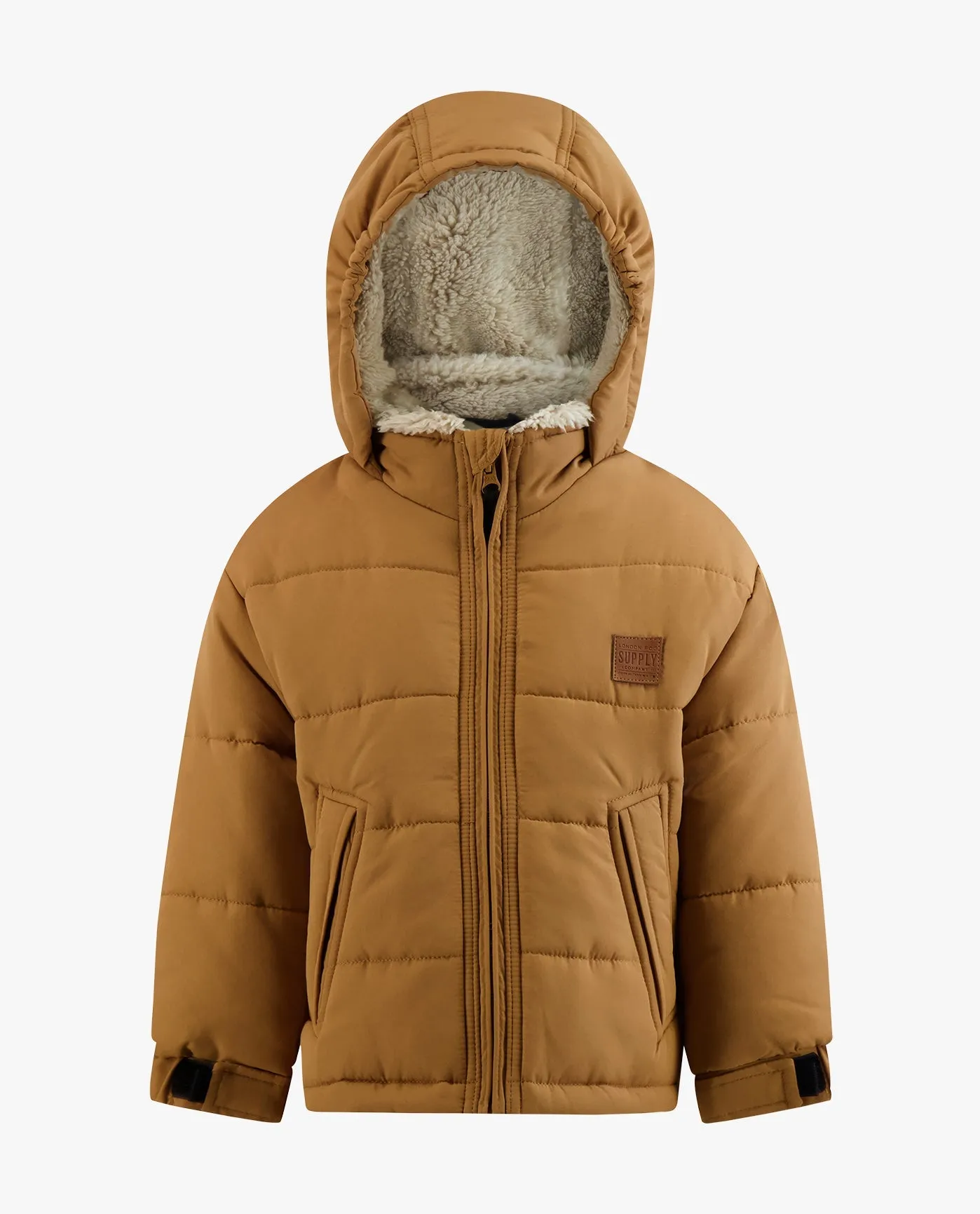 BOYS ZIP-FRONT HOODED SHERPA LINED PUFFER