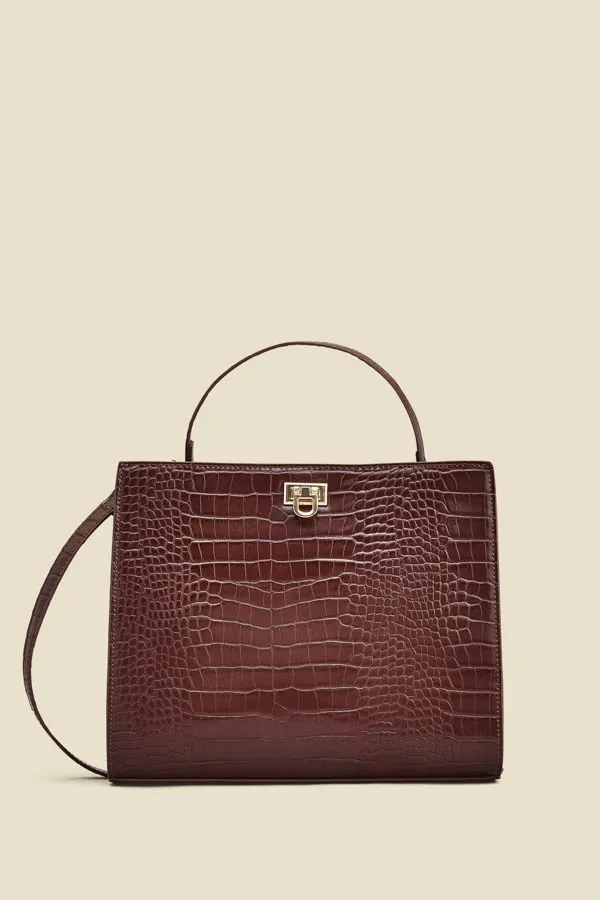 Brown Croc Faux Leather Top Handle Tote Bag With Cross Body Strap