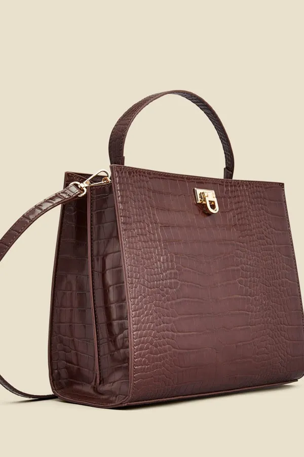 Brown Croc Faux Leather Top Handle Tote Bag With Cross Body Strap