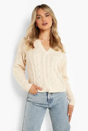 Cable Knit Grandad Collar Sweater