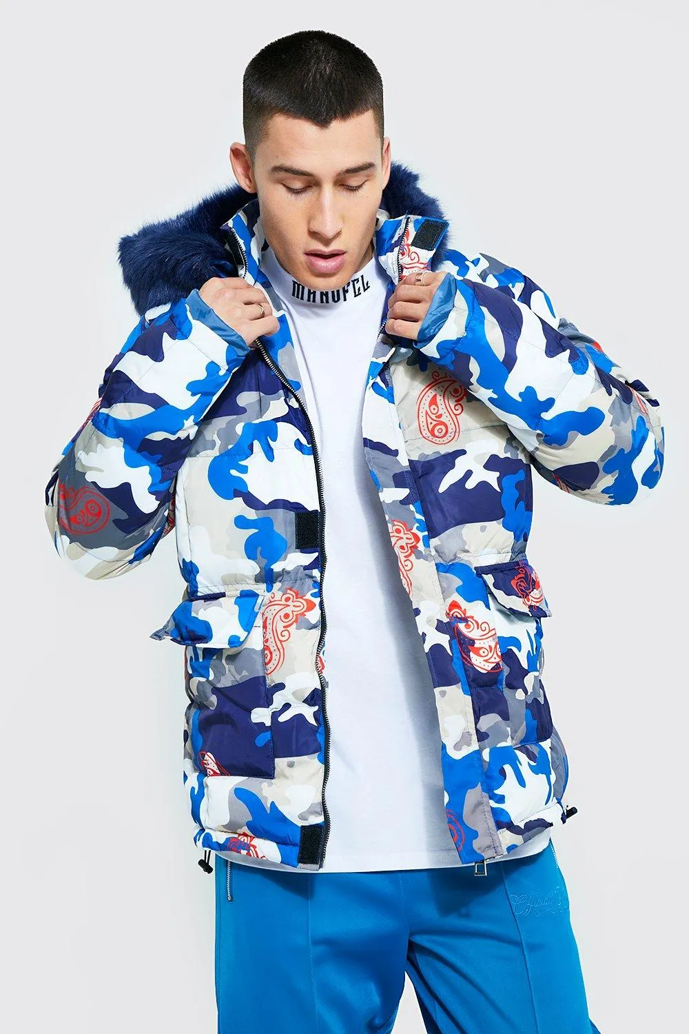 Camo Paisley Faux Fur Hooded Puffer