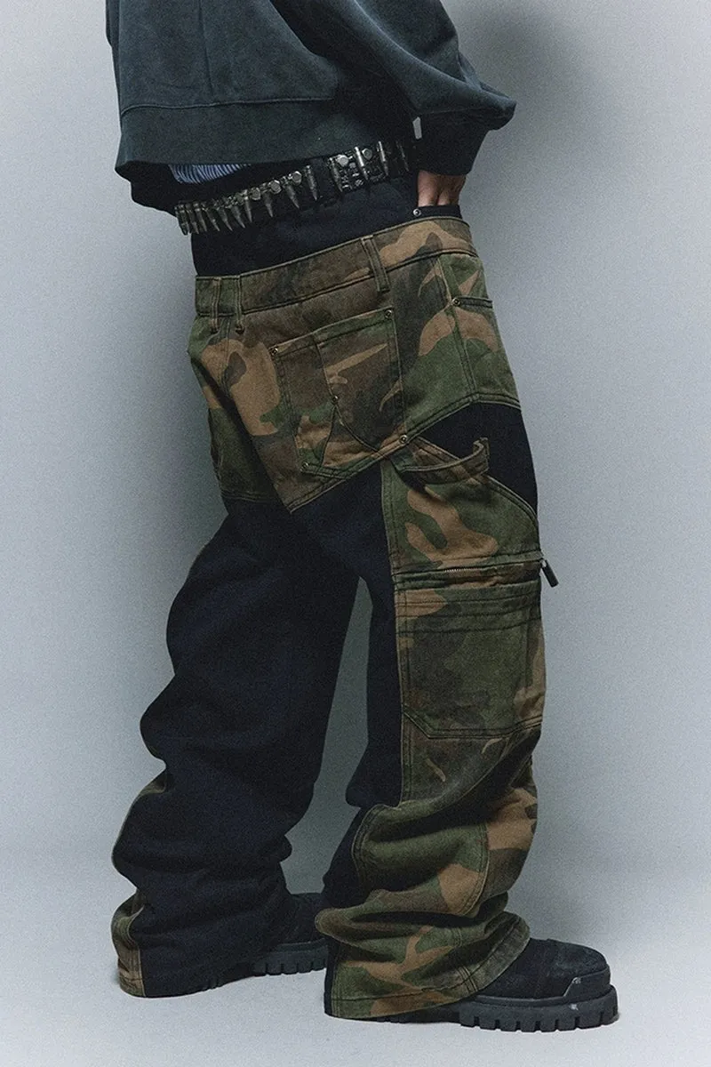 Camo Patchwork Wide-Leg Cargo Pants